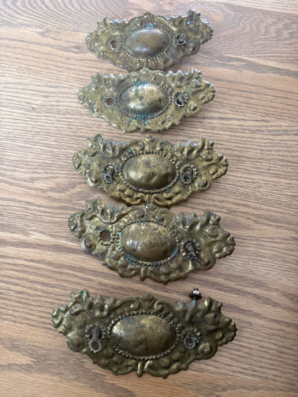 Vintage pressed brass drawer plates set of 5